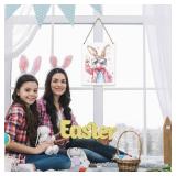 Funny Easter Bunny Coquette Decor Happy Easter Wall Decor Pink Bunny Bow Decor Easter Front Door Decor, Easter Girl Gift Wooden Sign Wall Art Decor for Farmhouse Home Porch Bedroom Living Room Office
