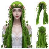 XunYee Mother Earth Costume Wig Mother Nature Costume Long Green Wig for Women Halloween Party Female Cosplay