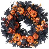 Halloween Wreaths Black Maple Leaf Wreath Orange Pumpkin Wreath Holiday Decoration Party Party Celebration Wreaths Front Door Back Door Hallway Patio Decoration