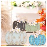 Leinuosen 4 Pcs Thanksgiving Fall Pumpkin Decoration Wooden Tabletop Signs Pumpkin of 4 Size, Autumn Table Centerpieces Season Tray Decor for Halloween Harvest Home Room Decoration(Cool Colors)