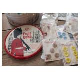 Tin w/Vtg. Buttons, Pin Cushion & More