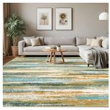 Modern Abstract 8x10 Large Machine Washable Living Room Rug Non-Slip Soft Bedroom Area Rug Green Mustard Multi Ultra Thin Print Faux Wool Carpet Throw Rugs for Playroom Dining Room Indoor