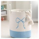 Honeydak Blue Laundry Basket Bow Hamper Coquette Laundry Basket Cotton Rope Blue Hamper 15 x 17.7 Inches Toy Box Large Coquette Bow Teens Girls Room Storage for Blanket Toys Clothes Organization