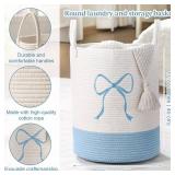 Honeydak Blue Laundry Basket Bow Hamper Coquette Laundry Basket Cotton Rope Blue Hamper 15 x 17.7 Inches Toy Box Large Coquette Bow Teens Girls Room Storage for Blanket Toys Clothes Organization