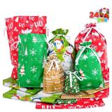 JOYIN 24 Pcs Christmas Drawstrings Foil Gift Bags, Xmas Wrapping Gift Assorted Styles Bag with present Tag for Christmas Holiday Party Favor, Reusable Wrap Goodie Bag Decorations