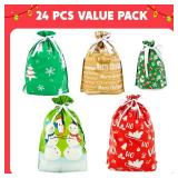 JOYIN 24 Pcs Christmas Drawstrings Foil Gift Bags, Xmas Wrapping Gift Assorted Styles Bag with present Tag for Christmas Holiday Party Favor, Reusable Wrap Goodie Bag Decorations