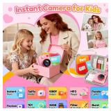 Gift for Girls Kids Camera: Instant Print Dual Lens Digital Camera Toys for Girl 3-12 Birthday Christmas Valentines Gifts for Kid Girls Boys Ages 3 4 5 6 7 8 9 10 with 32G SD Card Storage Bag Pink