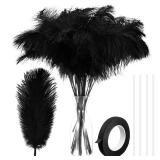 80 Pcs Ostrich Feathers Bulk for Vase Large Natural Ostrich Feathers 8-12inch with 80 Pcs Iron Wire and 1 Tape for Vase Flower Arrangement Wedding Party Centerpieces(Black)