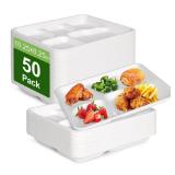 Qi Boo Compostable 5 Compartment Plates Disposable, 10.25 x 8.25 inch, [50-Pack] Heavy Duty Paper Plates with dividers, Sturdy School Lunch Trays, White Large Paper Dinner Plates for Buffet Party