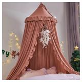 VETHIN Bed Canopy for Girls,Princess Round Dome Dreamy Mosquito Net Bedding Girls Room Castle Play Tent Hanging House Decor Reading Nook Canopies (JujubeRed)