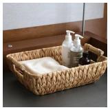 Wicker Storage Basket with Wooden Handles, Large Water Hyacinth Basket for Organizing Shelves, Natural Woven Storage Baskets for Snack, Gift, 1 Pack