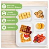 Qi Boo Compostable 5 Compartment Plates Disposable, 10.25 x 8.25 inch, [50-Pack] Heavy Duty Paper Plates with dividers, Sturdy School Lunch Trays, White Large Paper Dinner Plates for Buffet Party