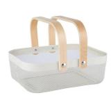 AJIODA Metal Mesh Steel Basket, Storage Organizer Basket Garden Harvest Basket Multi-functional Kitchen Fruit Baskets Bin with Wooden Handle for Bathroom Picnic Shopping Decor Cabinet Home, White