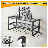 YHYLWJ Wall Mount Power Tool Organizer, Heavy-Duty Iron Construction, Storage Rack for Workshop/Garage, 150Lbs Load, 3-Tier Floating Tool Rack with 4 Cordless Drill Holders, Matte Black