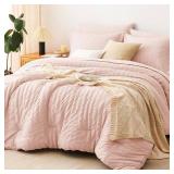 CozyLux King Size Comforter Set Blush Pink Seersucker 7 Pieces Bed in a Bag King Comforter Set with Sheets, Luxury Bedding Set with Down Alternative Comforter, Sheets, Pillowcases & Shams All Seasons