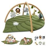 Blissful Diary Baby Play Gym & Activity Mat, Oversize Leaf Shaped Baby Play Mat w 6 Detachable Toys, Tummy Time Mat Promote Motor Skills & Sensory Development Mat, Newborn Infant Baby Essentials Gift