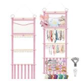 Munzong Headband Holder 52x17 inch, Pink Hair Bow Clip Organizer for Baby Girls, 4 Tier Wall Hanging Headband Shelf w/Mesh Bag, Large Nursery Hair Accessories Storage Hanger for Toddler Women