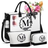 Personalized Gifts for Women, Initial Canvas Tote Bag & Makeup Bag Monogrammed Beach Tote Bags for Women w/Zipper, Valentines Day Birthday Gifts for Her Wife Girlfriend Mom Sister Best Friend Teacher