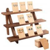 ZYP 51pcs 3-Tier Wood Earring Display Stand, Retail Jewelry Card Stand with Groove + 50 Cards Portable Ring Organizer Holder Showcase Racks for Business Home Using