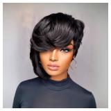 SisBroSis Short Pixie Cut Wig Human Hair Glueless Wigs for Black Women Side Part Natural Black Color Pixie Cut Straight Human Hair Wig with Bangs Short Layered Pixie Wigs Full Machine Made Wigs