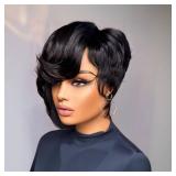 SisBroSis Short Pixie Cut Wig Human Hair Glueless Wigs for Black Women Side Part Natural Black Color Pixie Cut Straight Human Hair Wig with Bangs Short Layered Pixie Wigs Full Machine Made Wigs