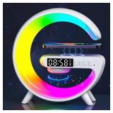 Bluetooth Speaker Wireless Phone Charger Station, G Shaped Music Lit Lamp, Colorful Atmosphere Light Wireless Charging And Alarm Clock, RGB Night Light for Bedroom, Office, Home Decor (White)