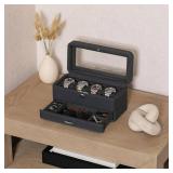 ROTHWELL 4 Slot Leather Watch Box with Valet Drawer - Luxury Case Display Jewelry Organizer, Locking Display Case Holder with Real Glass Top - Watch Box Organizer for Men & Women (Carbon)