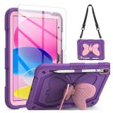 VOFUOE for iPad 10th Generation Case for Kids Girls 2022 10.9 Inch for iPad A16 Case 11th Generation 2025 Shoulder Strap Butterfly Wings Stand Pencil Holder Rugged Cover-Purple