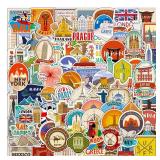 DothRayan 100Pcs World Travel Stickers Pack, Vacation Sticker Famous City Landmark Waterproof Vinyl Travel Luggage Stickers for Water Bottle Laptop Scrapbooking, Aesthetic Vintage Tourism Decals