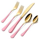 DINYWOW 20-Pieces Gold and Pink Silverware Sets for 4,Pink Handle Stainless Steel Cutlery Set, Include Forks Spoons and Knives Set, Dishwasher Safe Utensil Sets for Home Restaurant