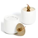 2 Pack Ceramic Qtip Holder Dispenser with Gold Lids, White Apothecary Jars Bathroom Vanity Organizer for Home Decor - Bathroom Canister for Cotton Swabs, Rounds, Balls, Makeup Sponges, Bath Salts