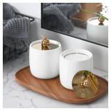 2 Pack Ceramic Qtip Holder Dispenser with Gold Lids, White Apothecary Jars Bathroom Vanity Organizer for Home Decor - Bathroom Canister for Cotton Swabs, Rounds, Balls, Makeup Sponges, Bath Salts