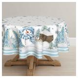 Horaldaily Christmas Tablecloth 70x70 Inch Round, Blue Snowman Pine Snow Washable Table Cover for Party Picnic Dinner Decor