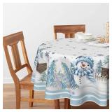 Horaldaily Christmas Tablecloth 70x70 Inch Round, Blue Snowman Pine Snow Washable Table Cover for Party Picnic Dinner Decor