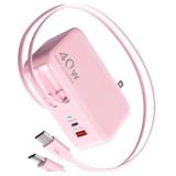 Retractable Wall Charger,35W PD Fast USB Charger Block with Retractable Lightening Cables for iPhone,Portable Adapter with Foldable Plug for iPhone14/13/12,iPad,Air-Pods(Pink)