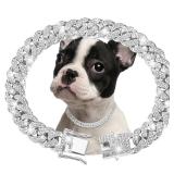 Silver Dog Chain Collar Diamond Cuban Link Dog Collar 13mm Wide Dog Necklace Metal Cat Chain Pet Crystal Collar Jewelry Accessories for Small Medium Large Dogs Cats(10inch)