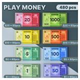 Queensell Play Money Suitable for Monopoly Board Game 480 pcs of 60 Each Bill Denomination Double Sides Printing Paper Money for Pretend Play Cashier - 480 pcs