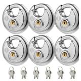 HOX Keyed Disc Padlock, Stainless Steel Keyed-Alike Padlocks, 6-Pack Heavy Duty Locks, Waterproof Outdoors Lock with 3/8 Inch Shackle, 2-3/4 Inch Wide Body, for Hasp Latch, Fences, Storage Locker