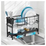 GSlife Narrow Dish Drying Rack, 2 Tier Small Dish Drainer for Kitchen Counter, Expandable Compact Dish Rack with Utensil Holder for RV/1-2 People, 15.7