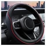 Ouzorp Car Steering Wheel Cover, Microfiber Leather Steering Wheel Covers with Anti-Slip Lining, Universal 14.5-15 inchs Black with Red line