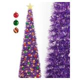 SINTENILL 5 FT Pop Up Christmas Tree with Timer Lights and Decorations, Purple Tinsel Artificial Christmas Tree with 24 Balls Ornaments, Collapsible Pencil Tree for Xmas Home Office Party Decor