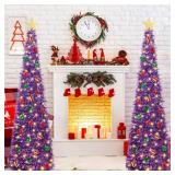 SINTENILL 5 FT Pop Up Christmas Tree with Timer Lights and Decorations, Purple Tinsel Artificial Christmas Tree with 24 Balls Ornaments, Collapsible Pencil Tree for Xmas Home Office Party Decor