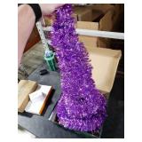 SINTENILL 5 FT Pop Up Christmas Tree with Timer Lights and Decorations, Purple Tinsel Artificial Christmas Tree with 24 Balls Ornaments, Collapsible Pencil Tree for Xmas Home Office Party Decor