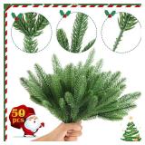 Hananona 50 Pcs Artificial Pine Branches Christmas Greenery Plants Pine Needles DIY Cedar Picks and Sprays Accessories for Christmas Garland Wreath Craft and Home Decor (50, Green)