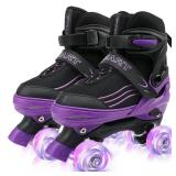 HXWY Kids Roller Skates for Boys Girls Child, Adjustable 4 Sizes Roller Skates for Adult and Youth with Light Up Wheels, Black Purple Patines para ninas for Outdoor Indoor Sports (Large - Youth (4-7)