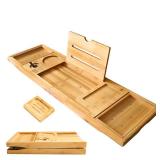 XcE Foldable Bamboo Bathtub Caddy Tray - Expandable to 41 Inches with Non-Slip Pads & Book Stand for Couples Luxury Bath