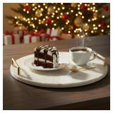 PEMAR Mother of Pearl Decorative Tray, 13 Round Display & Serving Tray with Gold Handles, Vanity/Perfume/Trinket Catchall for Dresser, Bathroom, Vanity Table (White Cream Sunlight Starburst Pattern)