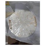 PEMAR Mother of Pearl Decorative Tray, 13 Round Display & Serving Tray with Gold Handles, Vanity/Perfume/Trinket Catchall for Dresser, Bathroom, Vanity Table (White Cream Sunlight Starburst Pattern)