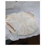 PEMAR Mother of Pearl Decorative Tray, 13 Round Display & Serving Tray with Gold Handles, Vanity/Perfume/Trinket Catchall for Dresser, Bathroom, Vanity Table (White Cream Sunlight Starburst Pattern)