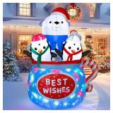 Dawdix Christmas Inflatables Decorations with Colorful Light, 6FT Inflatable Polar Bear & Penguins in Hot Cocoa Mug, Blow Up Outdoor Decorations for Xmas Holiday Yard Garden Lawn Party - Retail: $65